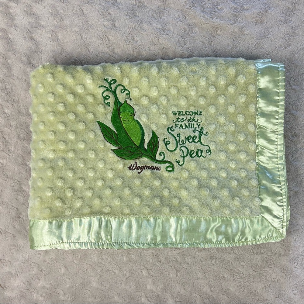 Wegmans Welcome to the Family Sweet Pea Baby Blanket Green Minky Dot Satin Silky